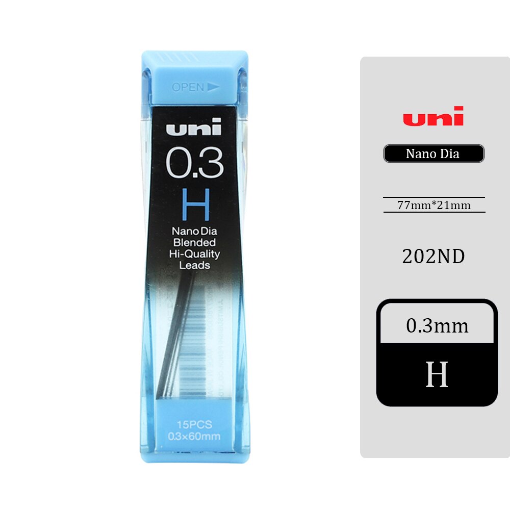 UNI 202ND Automatic Pencil Lead 0.5/0.7/0.3 Refill Nano Diamond Not Easy To Break Pencil Lead Black HB/2B/2H/B for Students: 0.3mm H