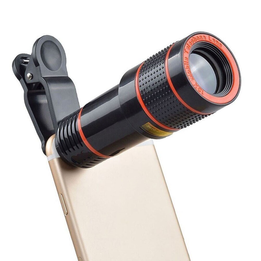 Universal 12X Zoom Mobile Phone Telephoto Lens HD Telescope Telephoto Mobile Phone Camera Lens with Clip External Optical Len: Black
