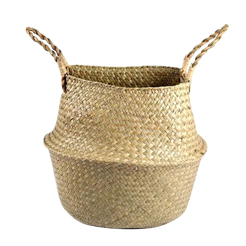 Handmade Woven Storage Basket Folding Clthoes Laundry Basket Straw Wicker Rattan Seagrass Belly Garden Flower Pot Plant Basket: 38x34cm O