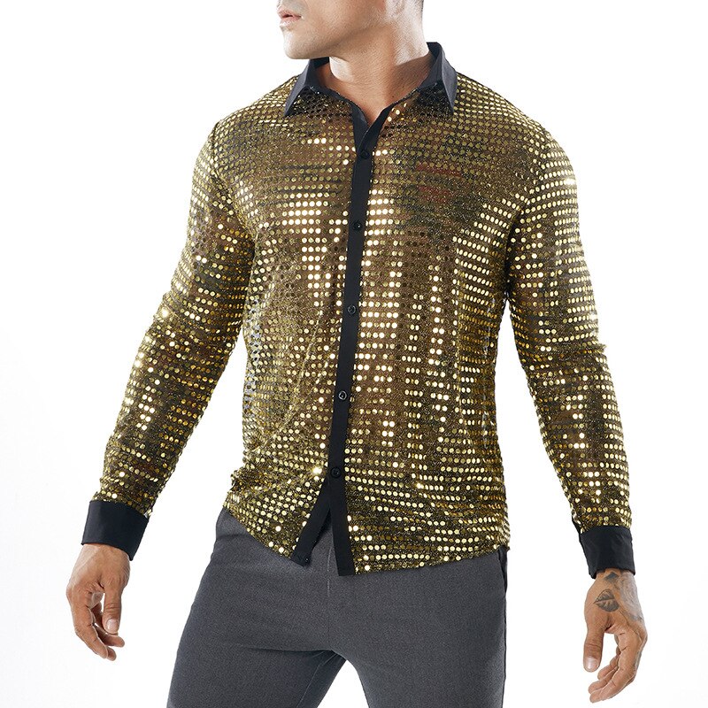 Discothèque sexy paillettes hommes chemise évider punk blouse décontractée chanteur scène costume homme or noir chemise à manches longues