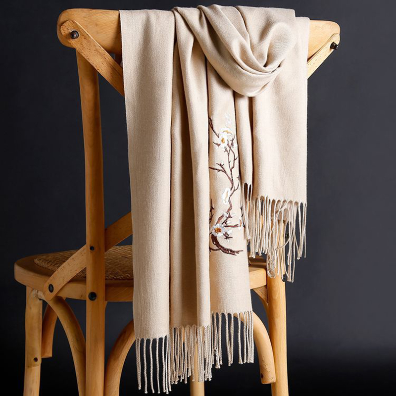Cashmere Warm Scarves With Tassel Women Autumn Embroidery Solid Color Long Wraps Women Scarf Female Shawl Winter Scarf