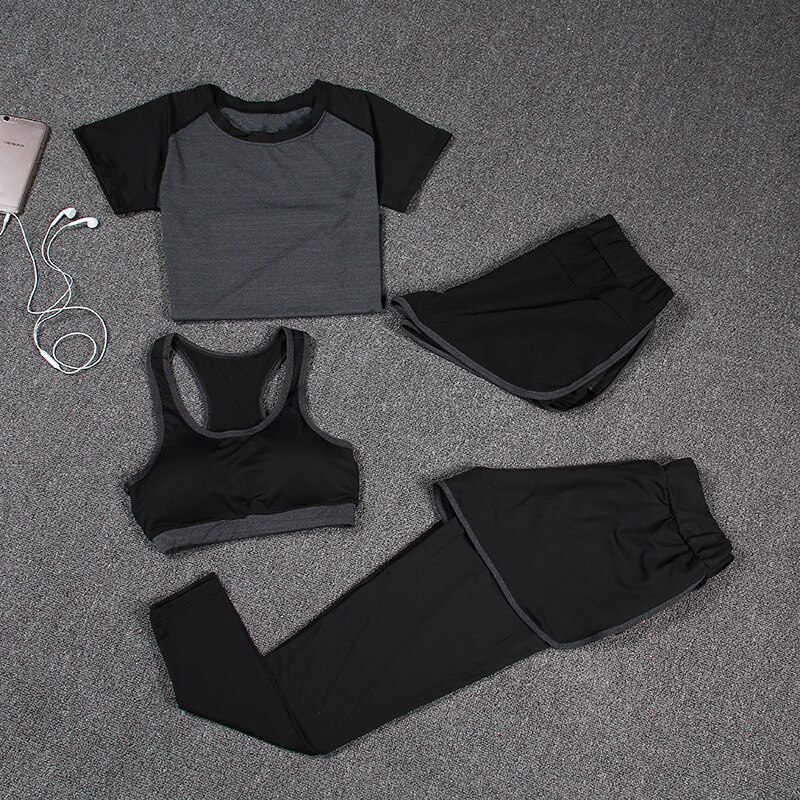 Fitness Suit Women's Summer Fitness Jacket Running Suit Quick-drying Suit Fitness Suit Four-piece Set: Gray / XXL