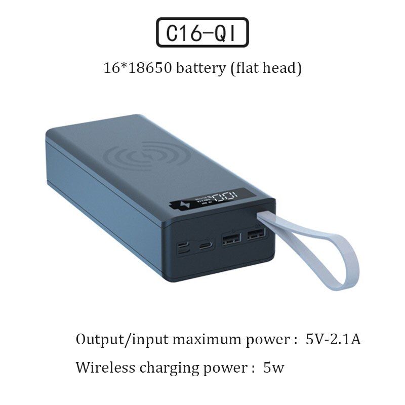 Caja de cargador de batería desmontable de 16x18650, carcasa de Banco de energía artesanal, soporte de carga rápida e inalámbrica, funda de Banco de energía sin batería: Narmal Wireless Blac