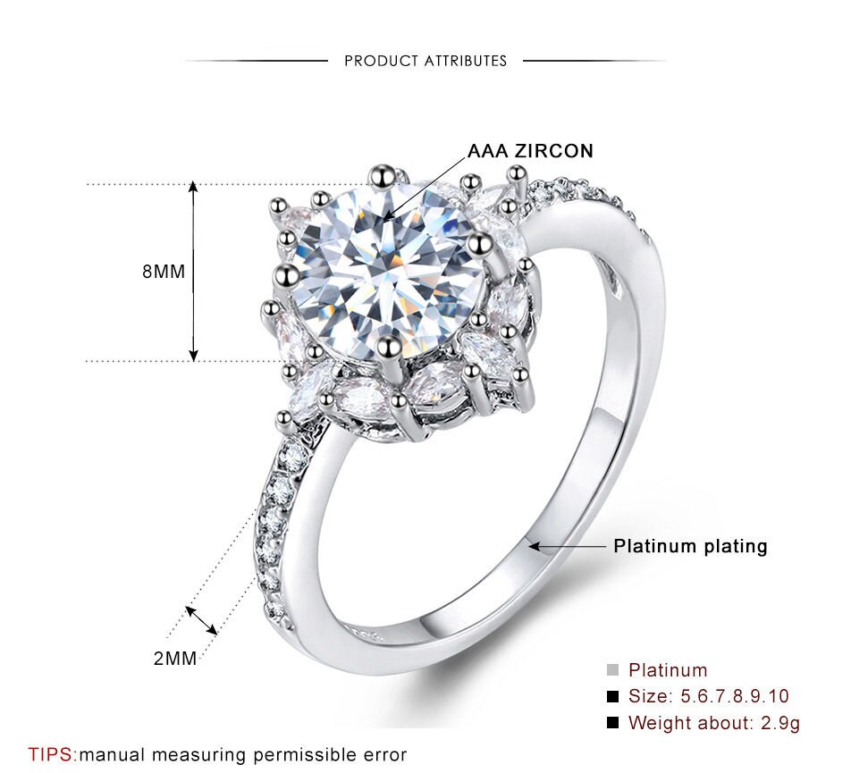Grande anel de zircônia cúbica moda jóias de casamento feminino anel de noivado feminino anel de cristal presente de festa jóias anillos
