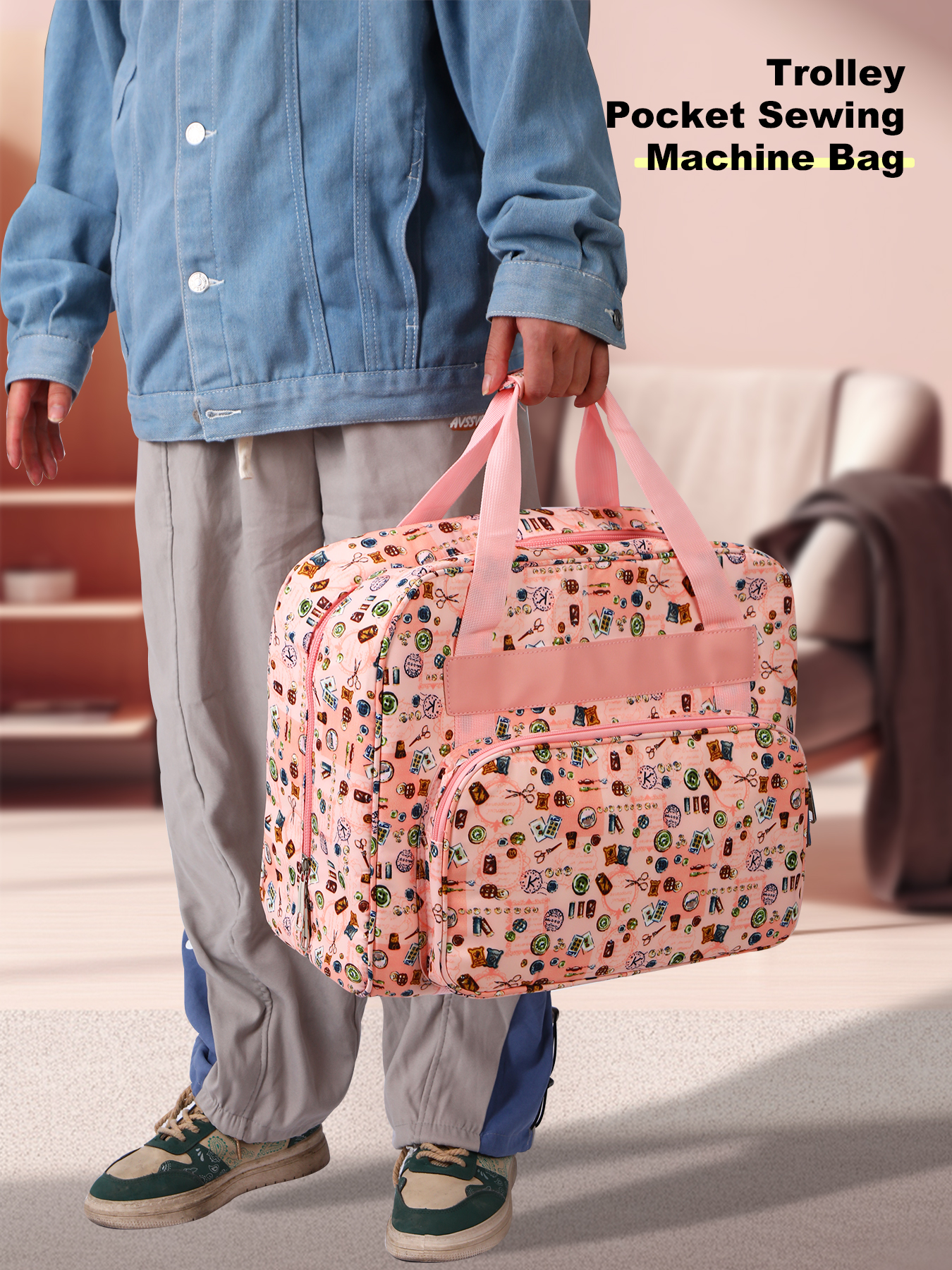 Bærbar symaskinveske med trekkstang, innstikkslommer for reise og et verktøysett for strikke- og sytilbehør: Klar