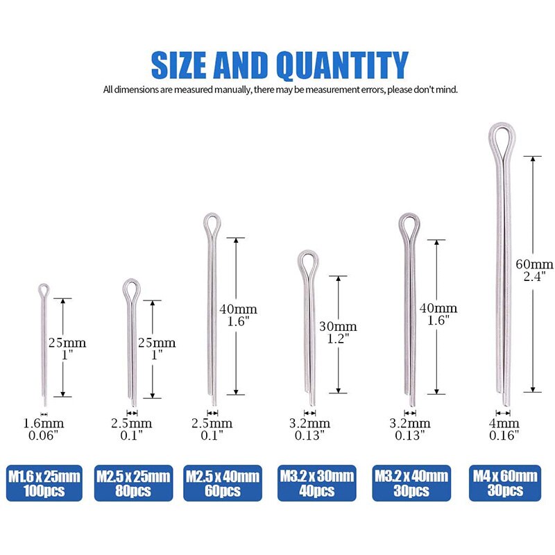 Cotter Fixings Set,6 Sizes 304 Stainless Steel Cotter Pin Clip Key Fastener Fitting Assortment Kit(340 Pcs)