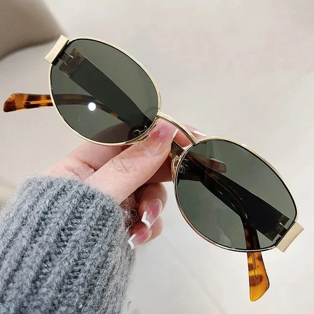 Gafas de sol ovaladas de para mujer 2024, gafas de sol con montura metálica de de de lujo, gafas de sol redondas clásicas Vintage para mujer, Unisex: YELLOW