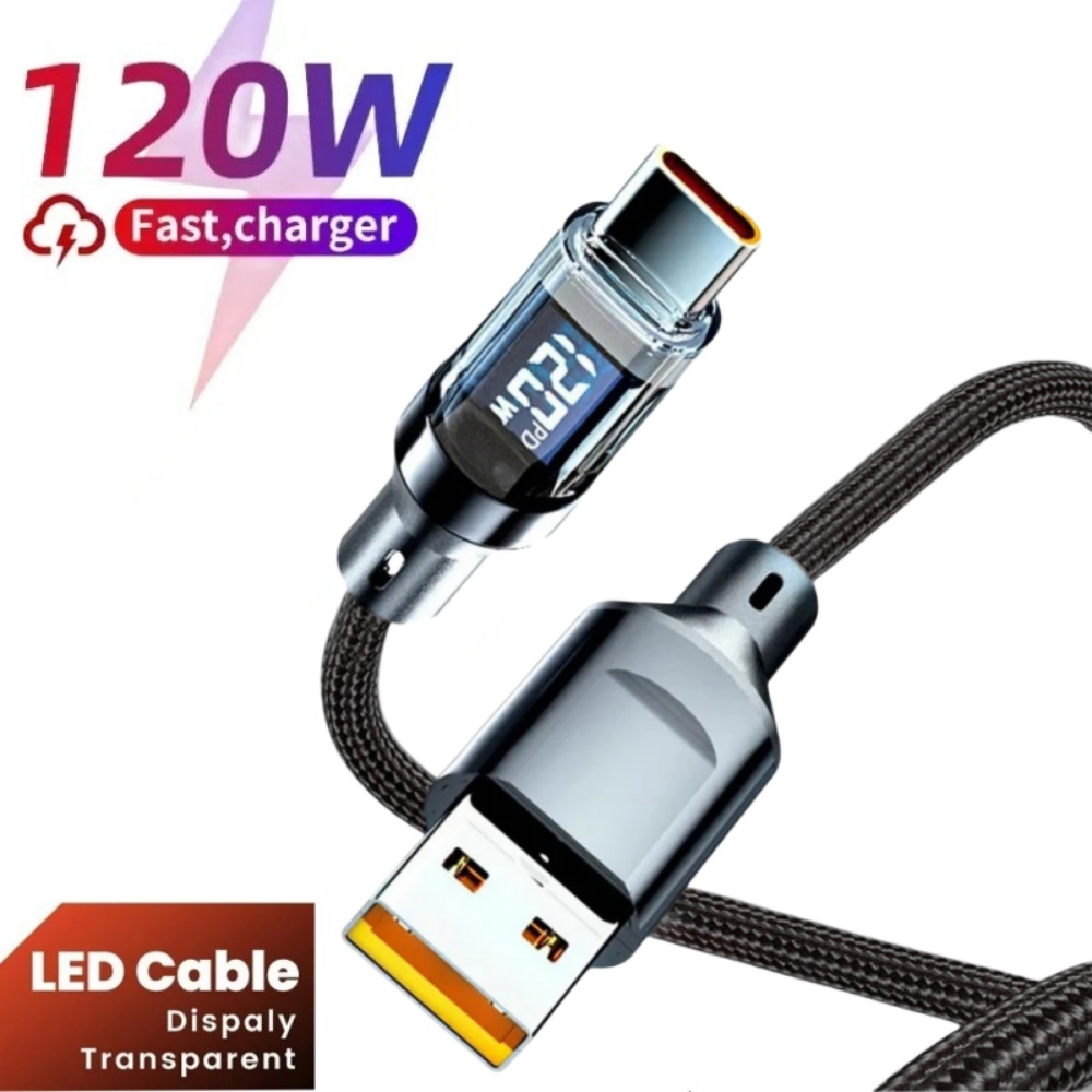 USB C naar Type C 120W 6A snellaadkabel USB naar PD nylon gevlochten draad datakabel met digitaal LED-display QC3.0 USB C-kabel