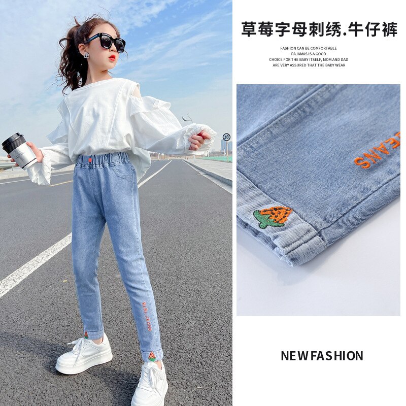 Pantalones vaqueros con bordado de fresa para niña, pantalón informal de coreana, elástico, primavera y otoño