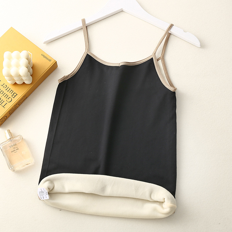 Chaleco de terciopelo con tirantes para mujer, Top corto grueso, ropa interior para chica, camiseta sin mangas para mujer: Black