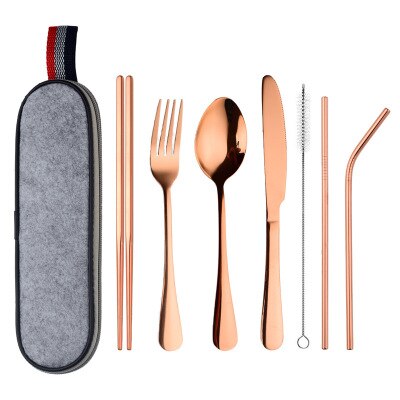 8Pcs/set Tableware Reusable Travel Cutlery Set Camp Utensils Set with stainless steel Spoon Fork Chopsticks Straw Portable case: rose gold