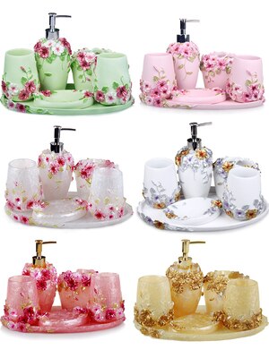 Wedding Bathroom Set- Pink Bathroom Accessories Kit-Red Resin Five-piece Set-Soap Dispenser-Toothbrush Holder