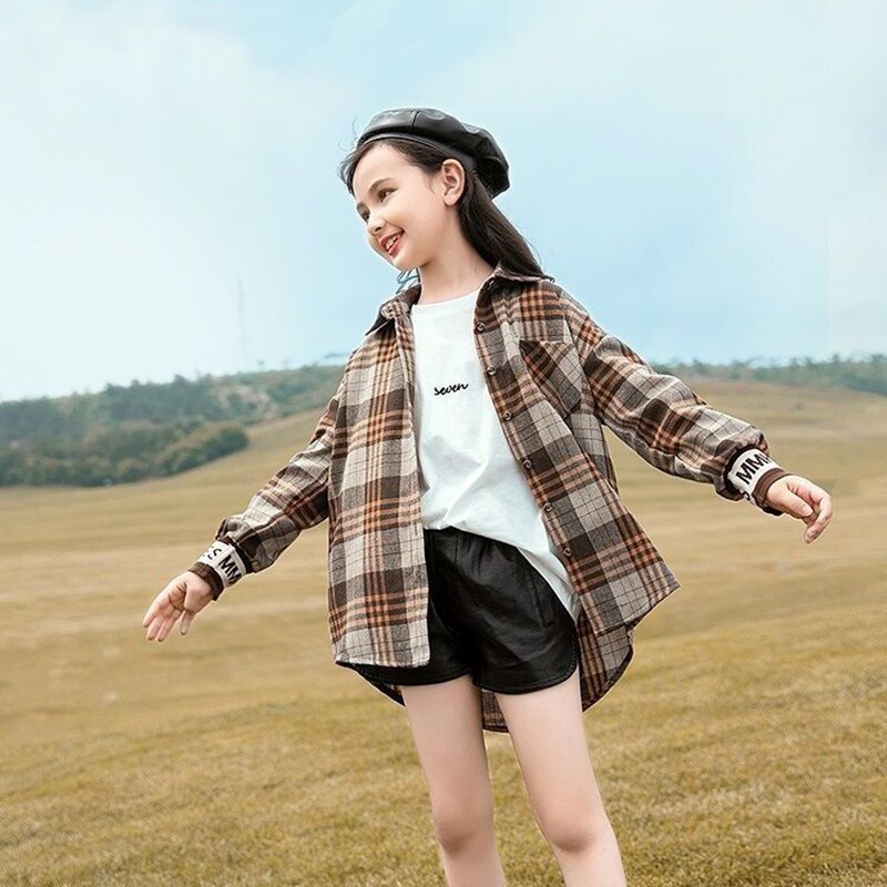 Spring Kids Casual Loose Tops Single-breasted Brown Plaid Long Sleeve Shirts Girls Back To School Outfit for Teen 10/12