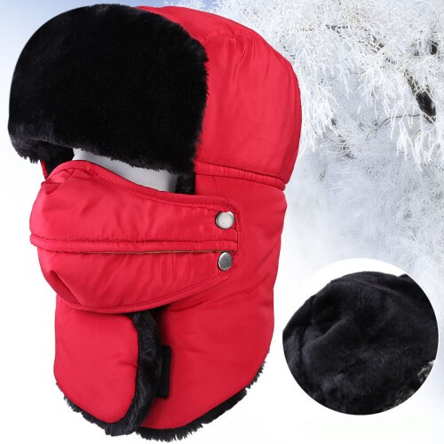 HT2097, gorro ruso para hombre y mujer, gorro de invierno cálido con orejeras, gorro de invierno para esquiar, gorro de piel con máscara Ushanka, gorro de Bombardero: Rojo