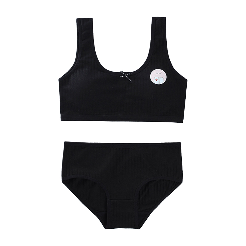 Set di biancheria intima sportiva per ragazze 2 pezzi per adolescenti a costine con stampa a orso carino dolce Bowknot imbottito reggiseno da allenamento senza fili e abbinamento ciao: Black