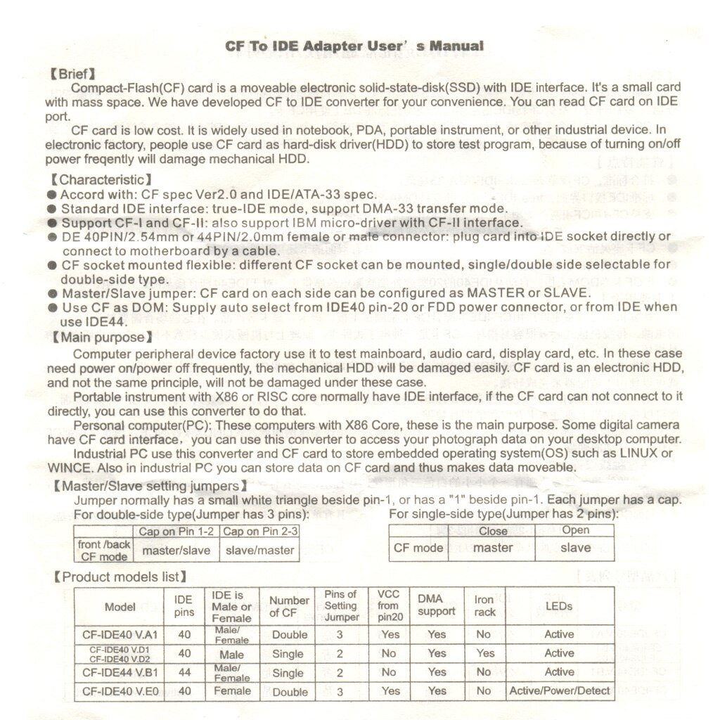 CY Cavo CF Compact Flash Merory Card per 50pin 1.8 Pollici IDE Hard Drive SSD Convertitore Adattatore per Toshiba