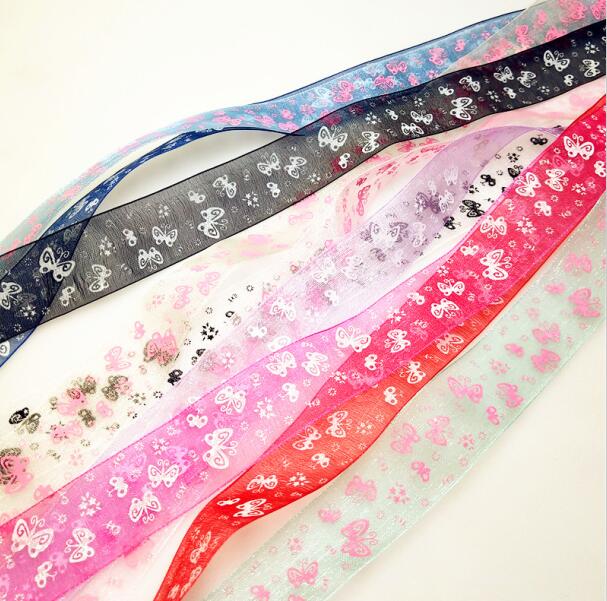 5 meters/partij 25mm Cartoon Vlinder Linten Gedrukt Organza Lint Tape voor Handwerken DIY cadeaupapier Decoratie: MIX