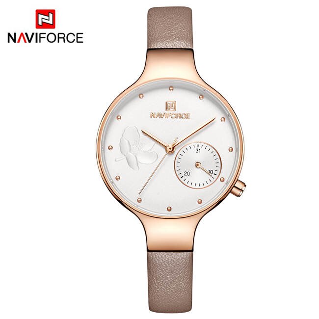 Naviforce Vrouwen Mode Blue Quartz Horloge Lady Lederen Horlogeband Casual Waterdicht Horloge Voor Vrouw