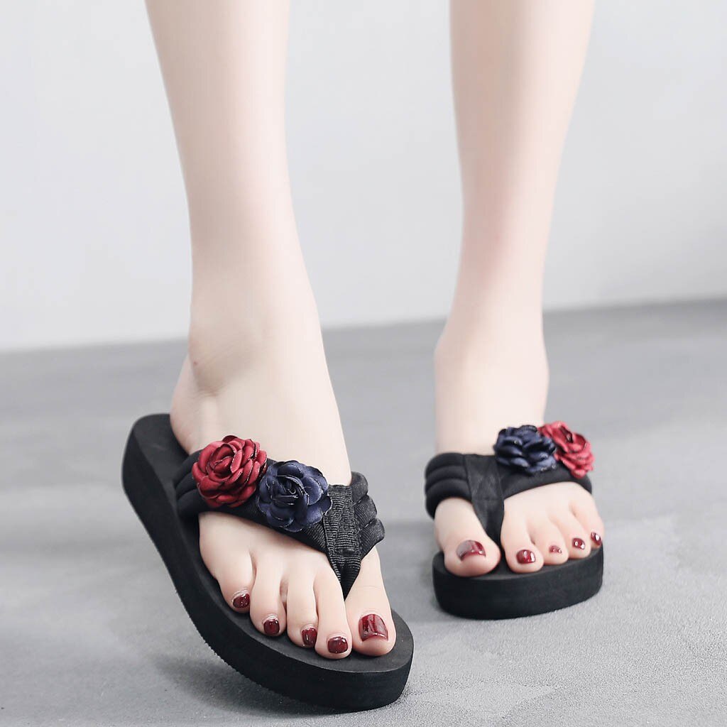 Flowers Women Flip Flops Wedges Platform Sandals Women Non-slip Open Toe Summer Slippers Shoes F2