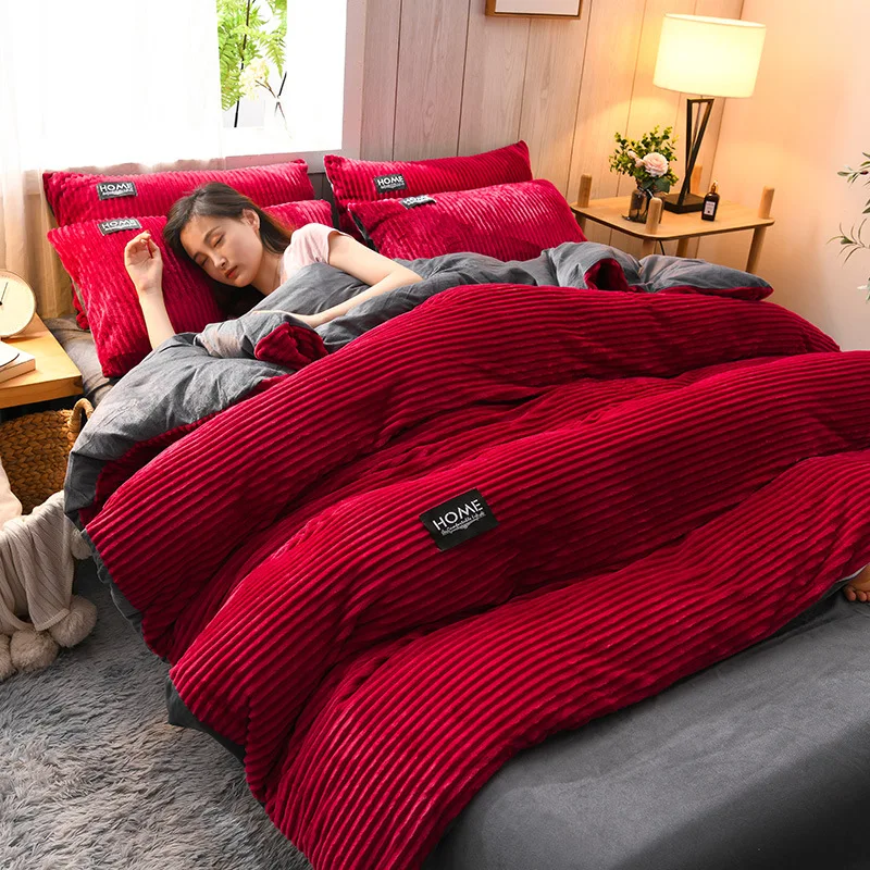 Funda nórdica de terciopelo grueso para invierno, juego de cama cálido de Color sólido, funda de edredón doble, funda de edredón doble Queen King de 220x240cm: Queen / Verde