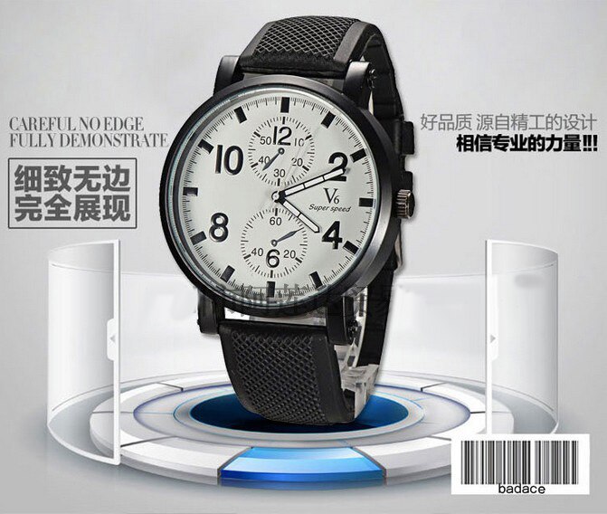 Super Speed V6 Watch Men Sports Watches Large Face Black Rubber Band Quartz Wristwatches Men Reloj Hombre Relogio Masculino