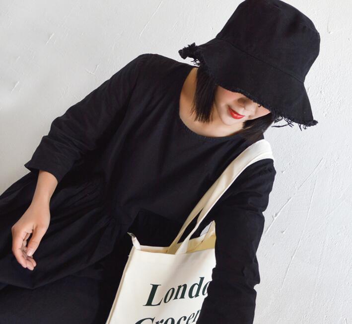 Kvinder bøttehat ensfarvet sort gul fiskerkasket bomuld lurvet forårssommersolhat bred skygge strandhat