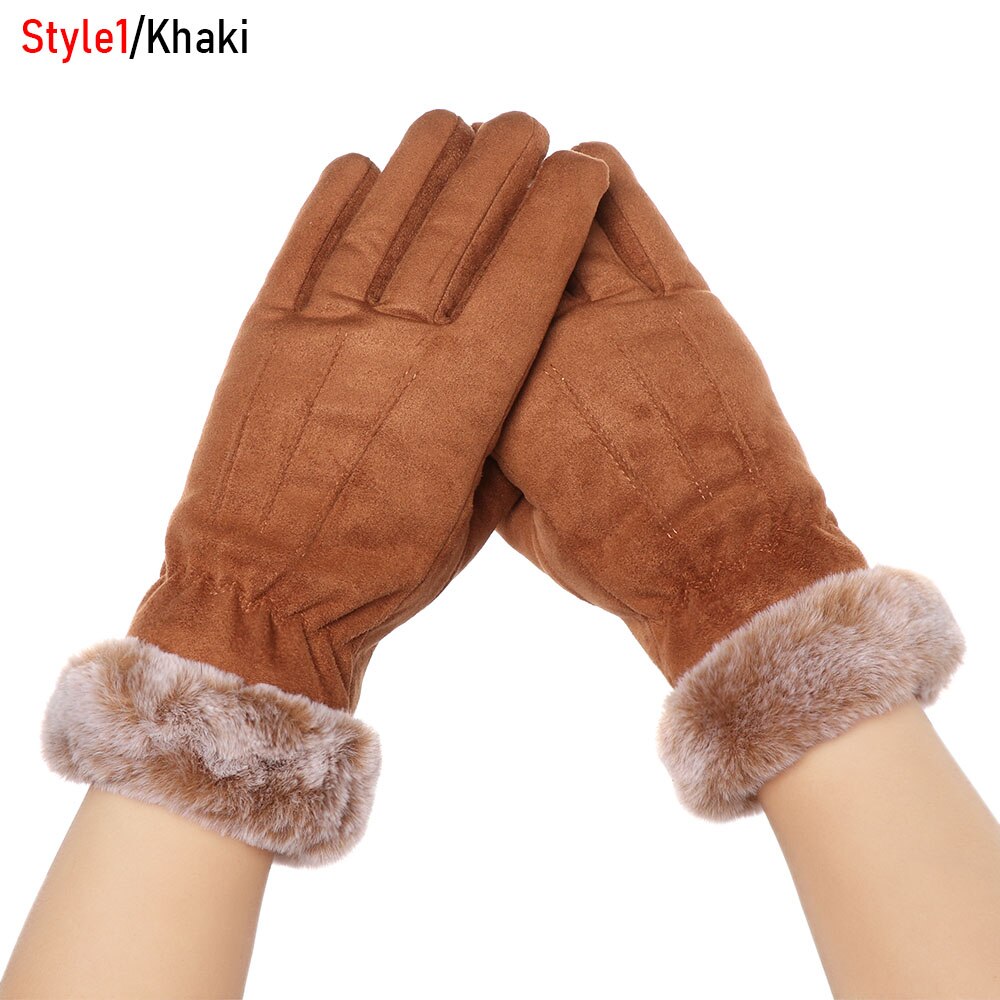 Winter full fingers gloves for women keep warm cute furry warm gloves Outdoor sport Plus velvet touch screen gloves: style1-khaki