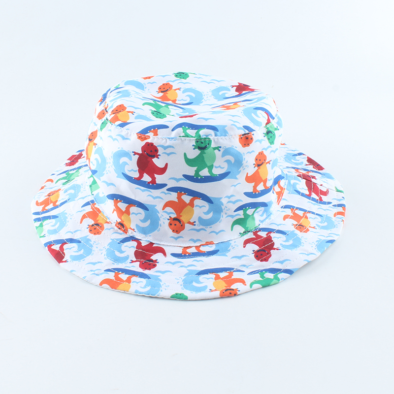Tecknad fisk haj tryck söt baby hatt barn hink hattar pojke flicka panama sommar keps småbarn vindsäker solhatt: L dinosaurie / 50cm huvud