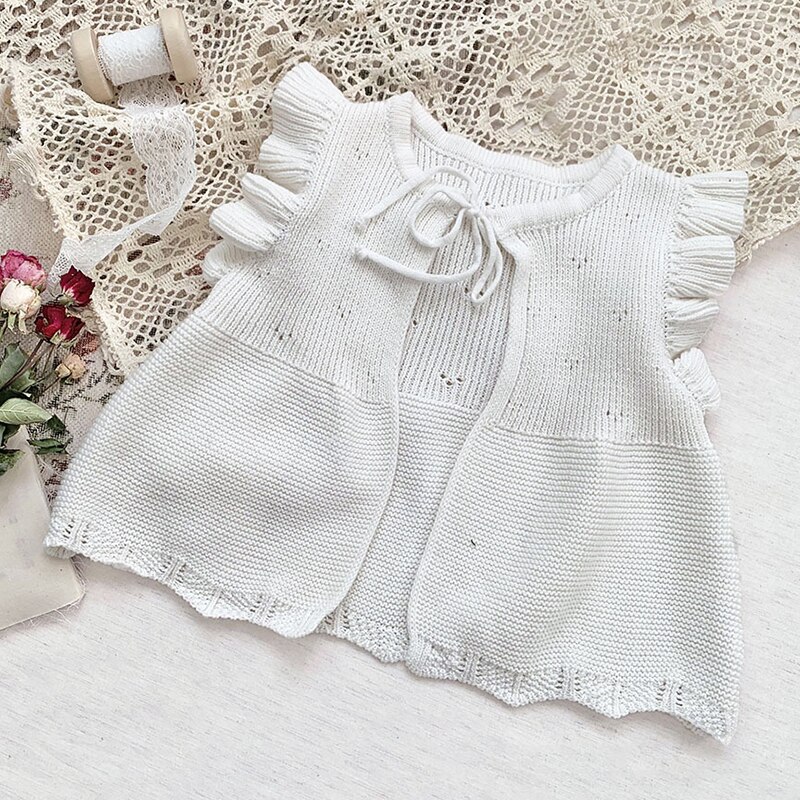 0-4Yrs Lente Peuter Baby Meisje Gebreide Vest Voor Pasgeborenen Ruche O-hals Trui Jas Herfst Kinderkleding Meisjes Katoenen Vest: S22160 White / 80