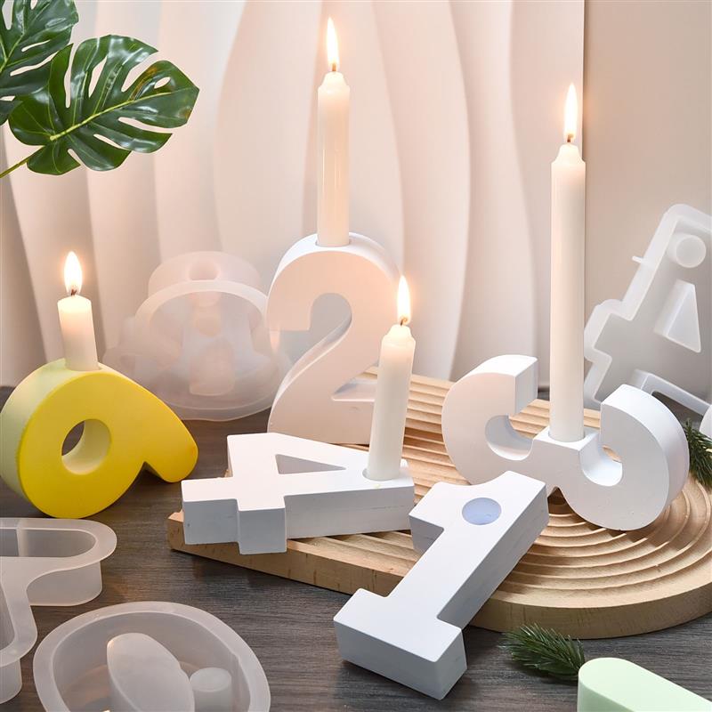 Molde de silicona de resina epoxi para candelabro Digital geométrico, soporte de vela de números árabes, yeso, decoración, bricolaje, 0-9