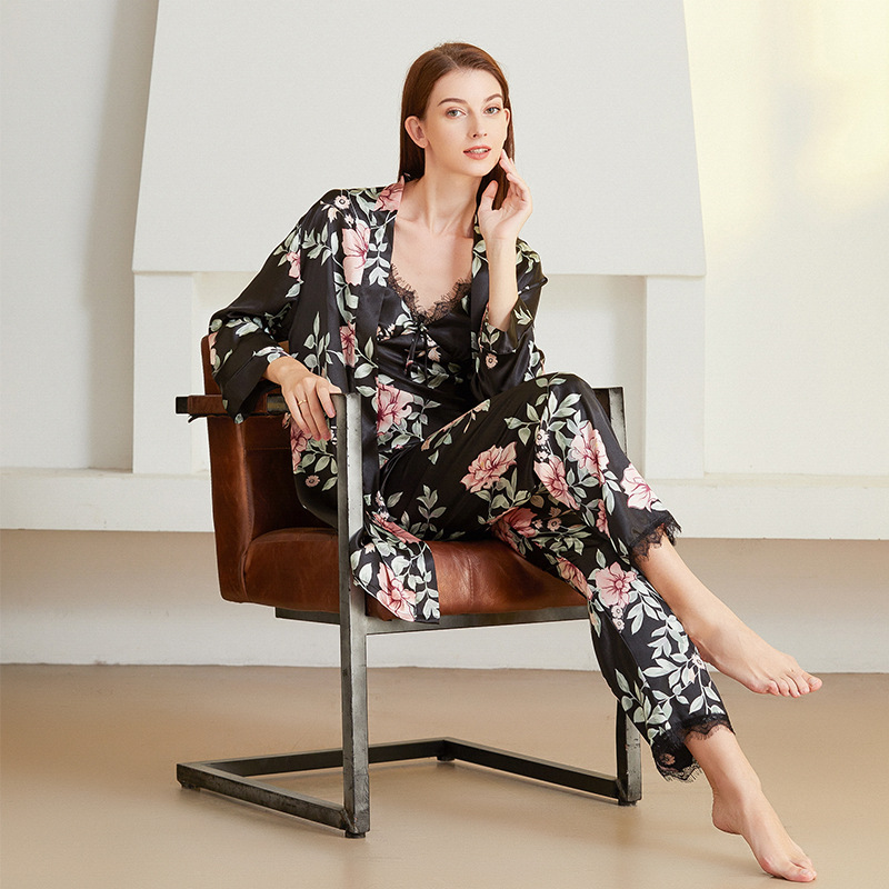 Ensemble trois pièces en Satin pour femmes, vêtements de maison, manches longues, pantalon, quatre saisons, imprimé Floral noir: three pcs set / S
