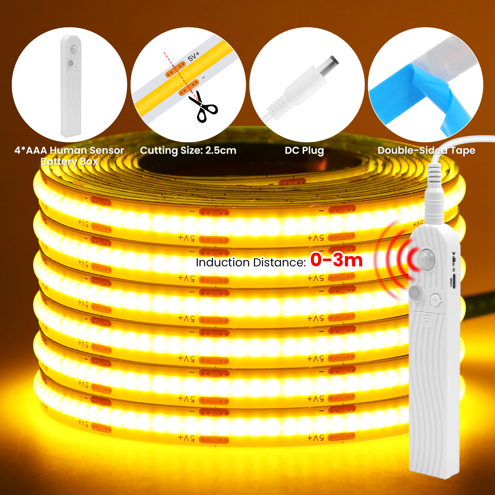 Tira de luces LED COB con Sensor humano, batería 4AAA, cinta LED Flexible regulable de 5V con cinta adhesiva para retroiluminación de armario y dormitorio: YELLOW / 5 m