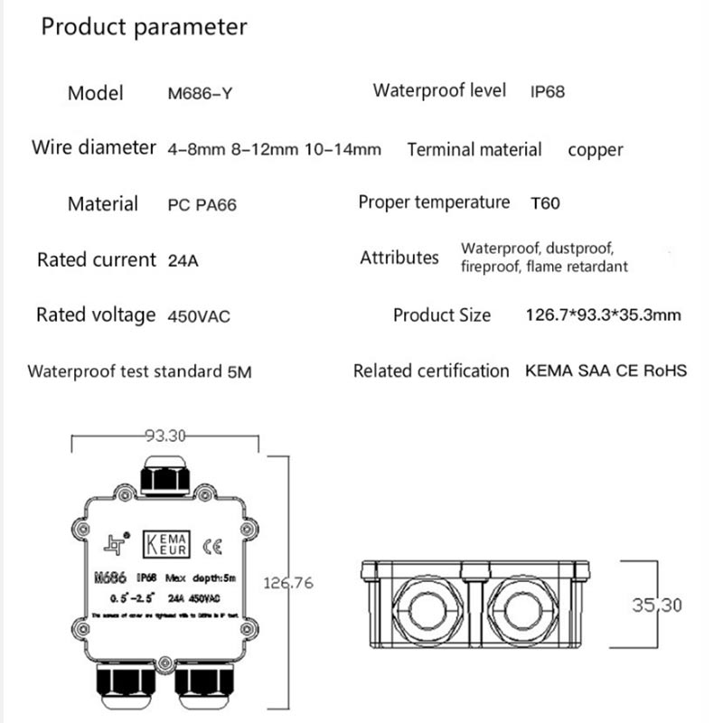 3 Way Waterproof Junction Box IP68 4/5/6pin 4-14mm Electrical Cable Wire Connectors 24A 450V External Electrical Junction Box