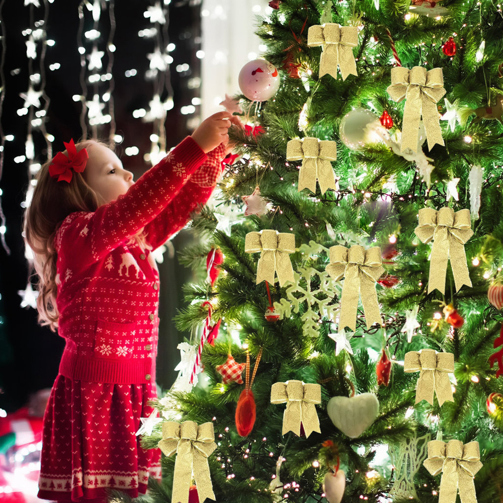 10Pcs Grote Kerstboom Decoratie Bows Glitter Gold Decoratieve Bogen Voor Kerst Home Party Decoratie Jaar Cadeau