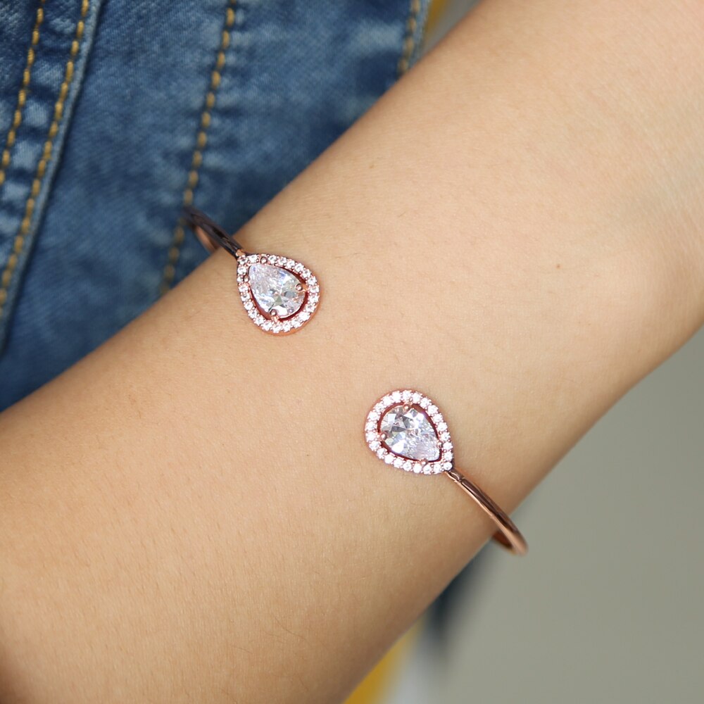 Aberto manguito pulseira 2018 moda jóias uso diário pêra lágrima gota cz dupla face zircônia cúbica matal fio pulseiras