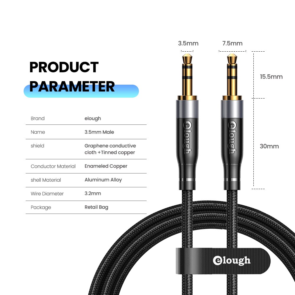 Elough AUX Cable Jack 3.5mm Audio Cable 3.5 MM Jack Speaker Cable for Headphones Car Xiaomi Redmi 5 Plus Speaker Extender