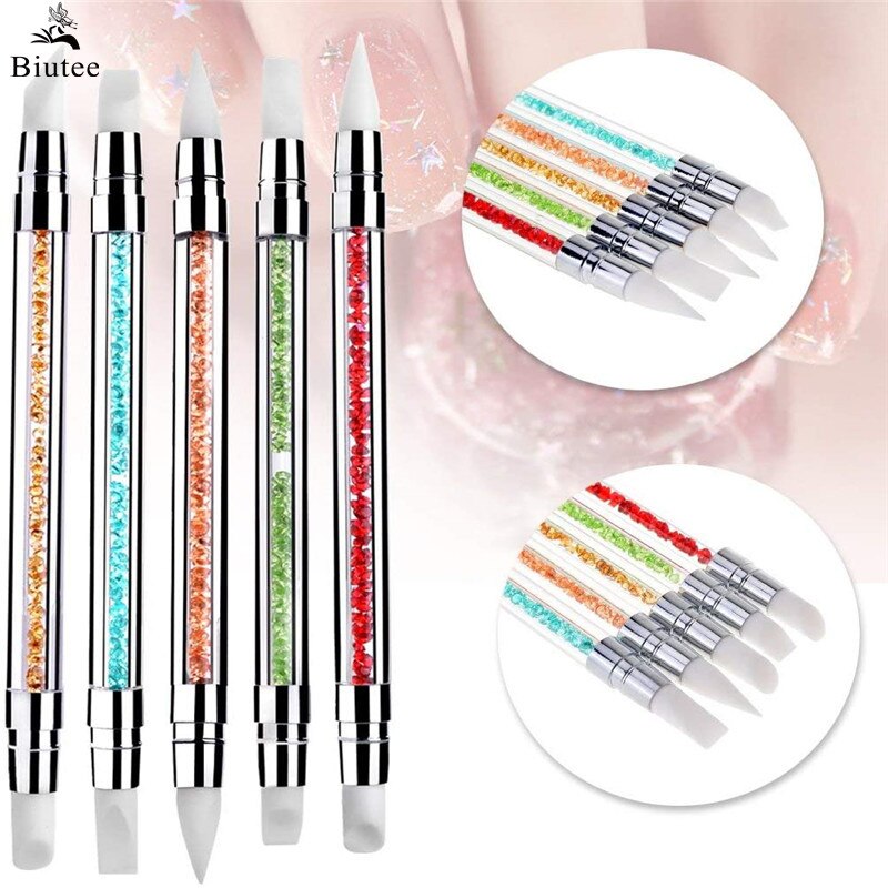 5Pcs 2 Way Nail Art Sculpture Pen Silicone Rhinestone Polish Emboss Carving Drawing Handle Nail Art Brush Manicure Tool Set