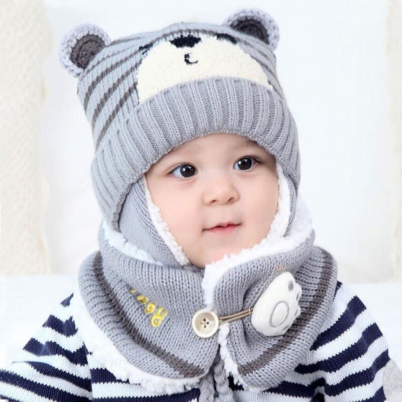 Gorro de invierno para niña, conjunto de bufandas para niños, niños, dibujos animados, oso, rayas, gorro de punto, gorro y bufandas con botón, traje cálido