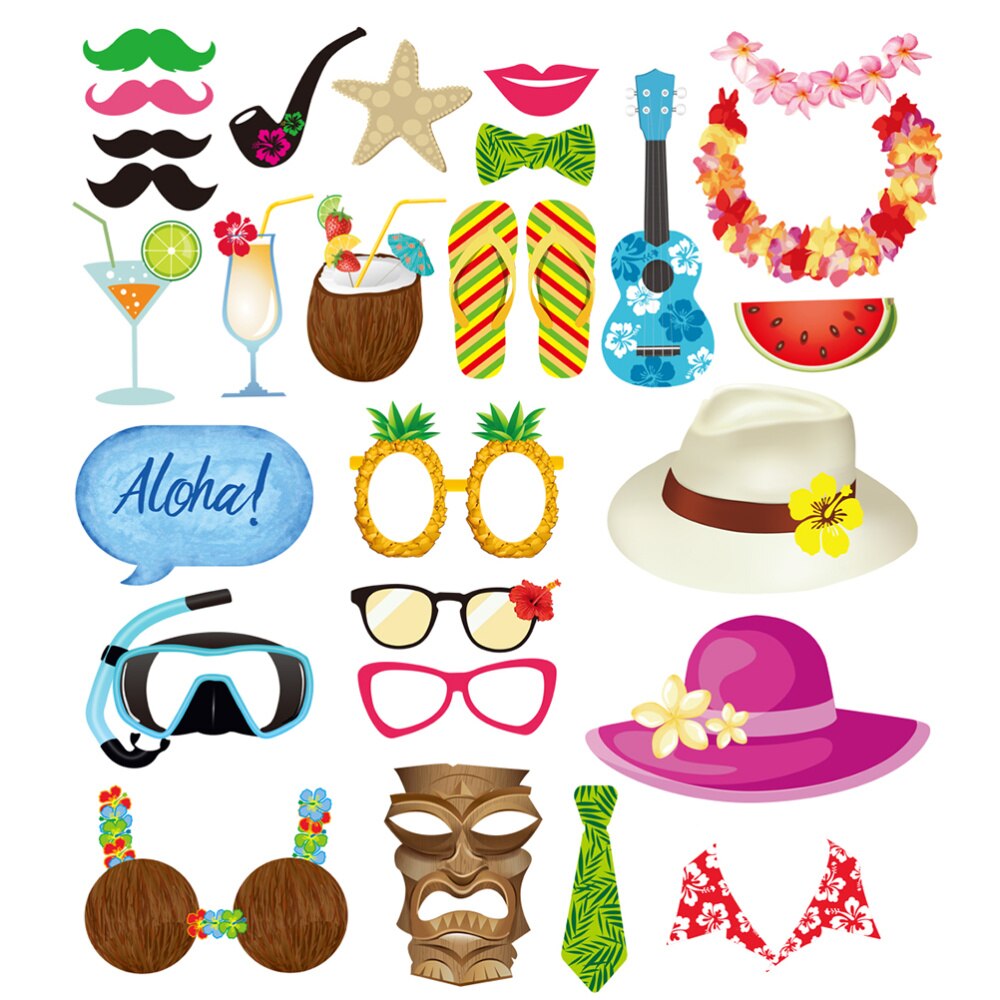 28pcs Hawaii Photo Booth Props Kit Beach Vacation Seaside Photobooth Dress-Up Accessories