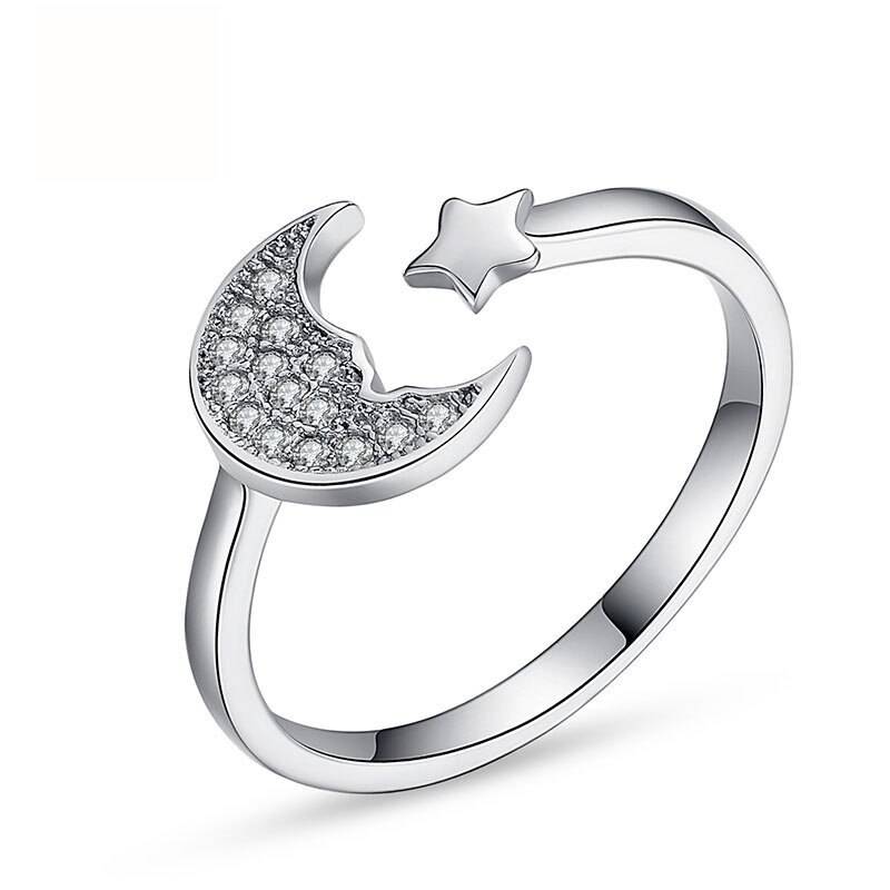 Crazy Feng-Anillos ajustables con forma de Luna y estrella plateada, bisutería de lujo de cristal para compromiso de boda, para amantes: Default Title