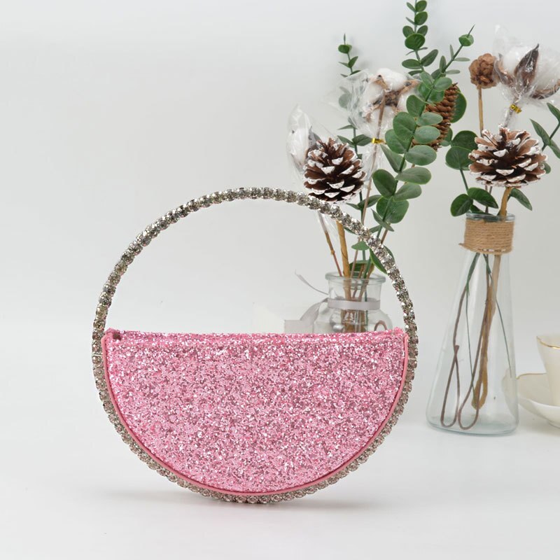 Diamond Red Heart Evening Clutch Bags Metal Handle Circle Purse Chic Rhinestone for Women Wedding Party Flaps: Circle Glitter Pink