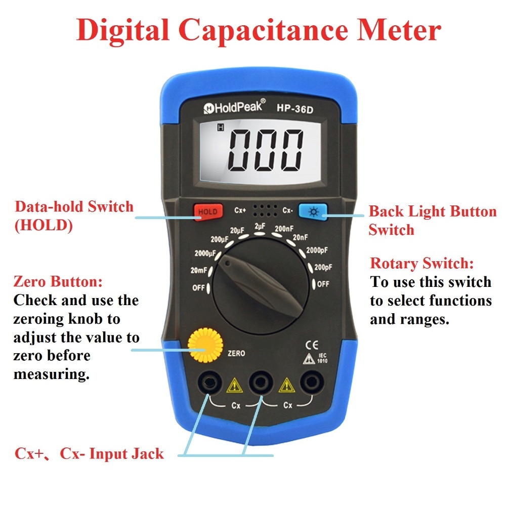 HoldPeak HP-36D Capcitance Meter Handheld Capacimetro Manual 1999 Counts Capacitor Electronic LCD Capacitance Multimeter Tester
