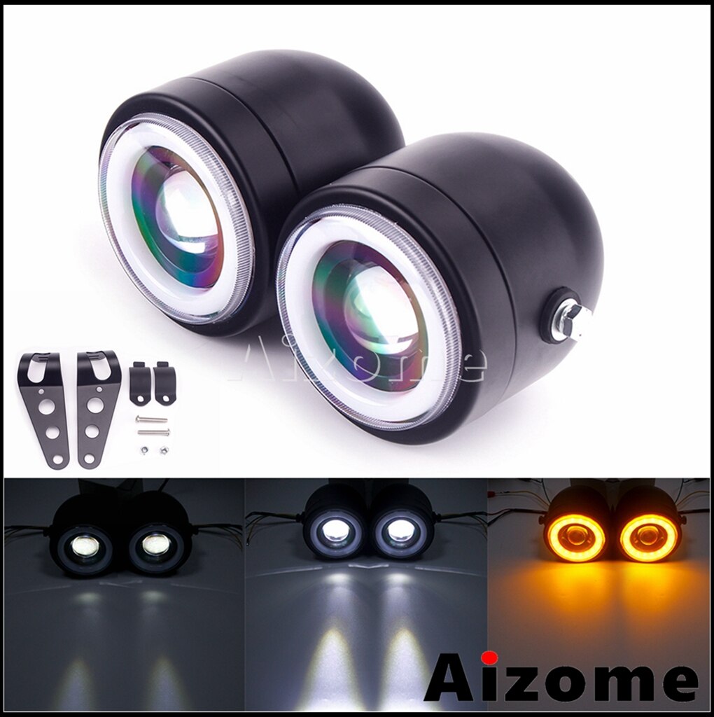 Universal motorcykel cafe racer dobbelt forlygte led forlygte dobbelt forlygter til harley softail 1986-13 fat boy flstf bobber: Rav med beslag