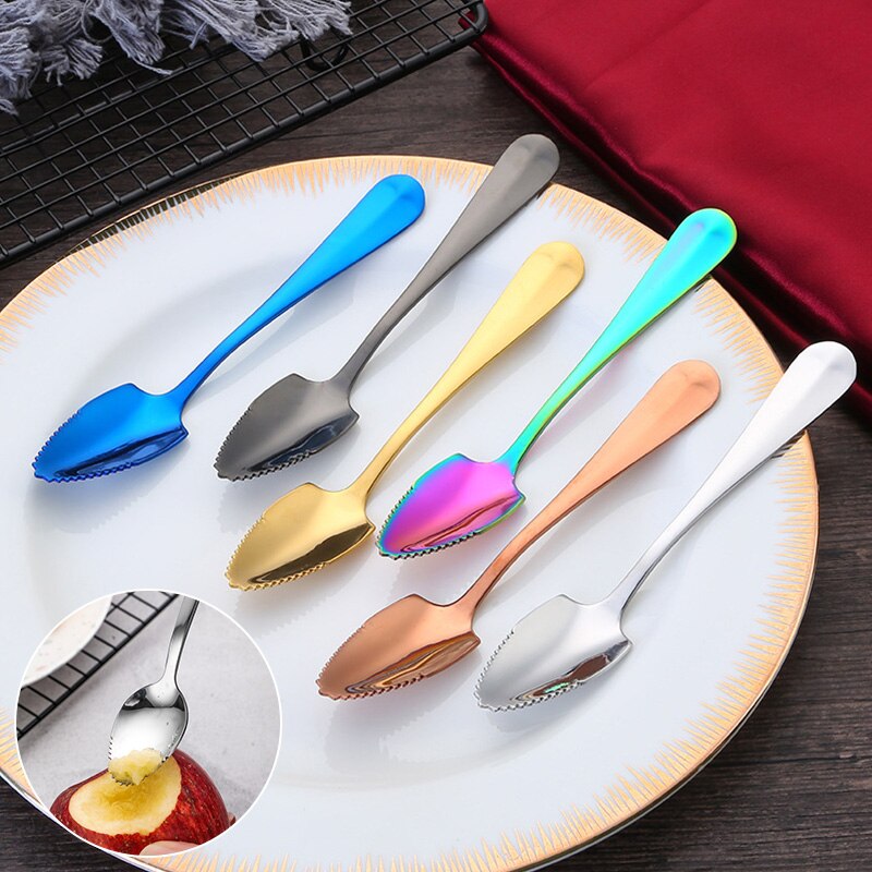 Rvs Grapefruit Apple Schraper Lepel Gekarteld Zaagtand Edge Fruit Puree Lange Handvat Babyvoeding Bereiden Tool
