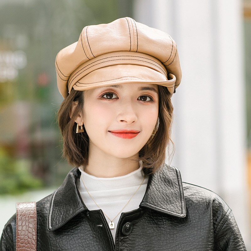 Caluriri Neue Winter PU Hut Leder Taste Achteckigen Hut Wilden Literarischen Britischen Retro PU Baskenmütze Hut PU Maler Hut