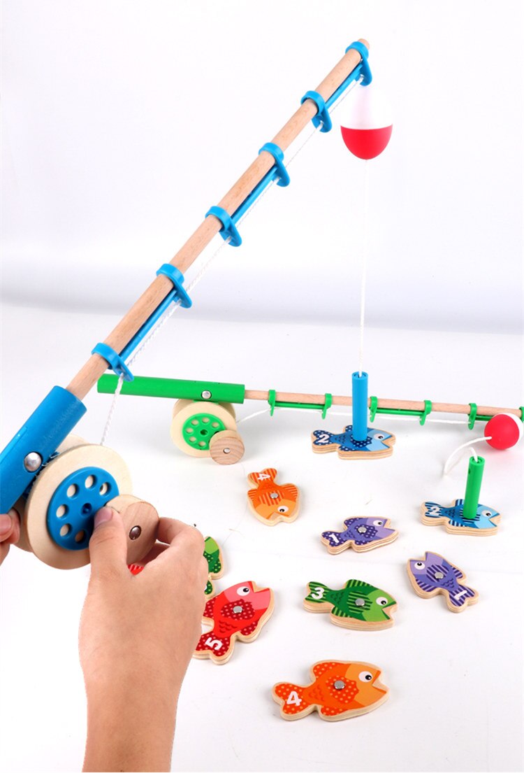 Baby Toys Simulation Fishing Hook Toys 15Pcs Fishes 2 Fishing Rods Wooden Toys For Kids Educational Toys For Children