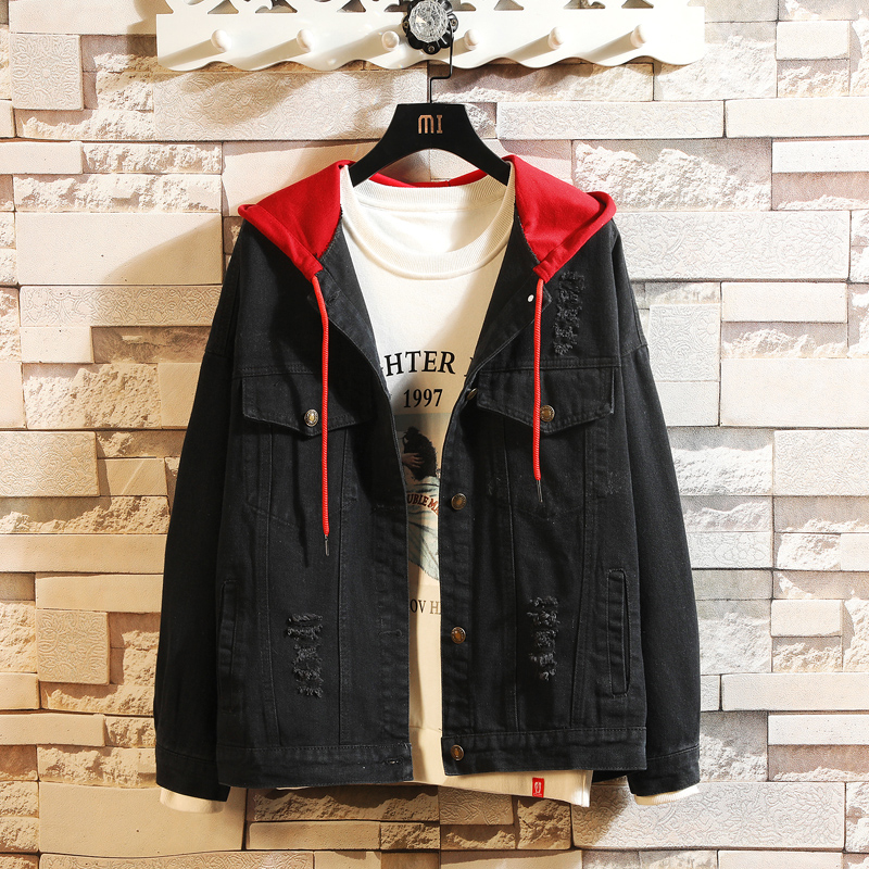 Casual jean jacket Slim Mens Denim hoody Jacket Bomber Jacket Men Cowboy Mens Jean Jacket Chaqueta Hombre: Black / L