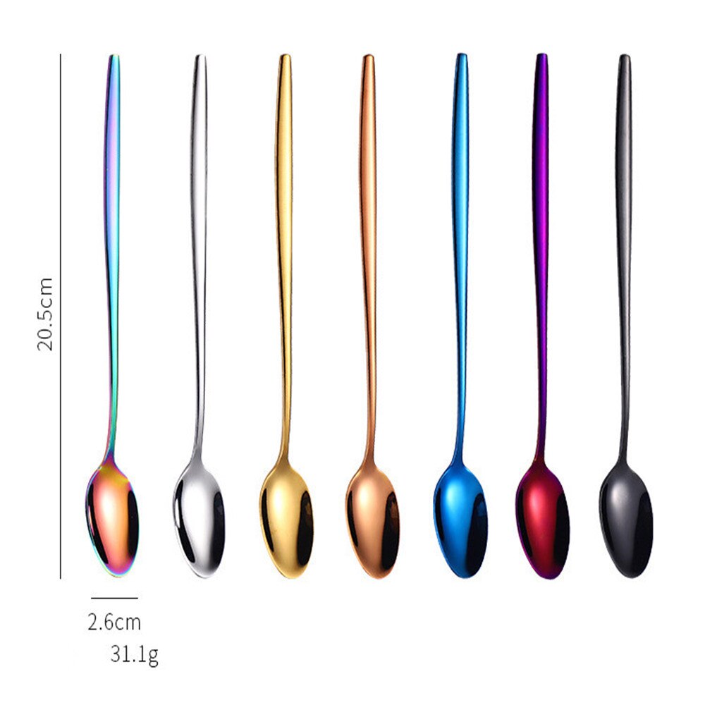 Square Head Round Korean 201 Stainless Steel Pointed Spoon Titanium Plated 7 Colorful Long Stirring Coffee Spoon