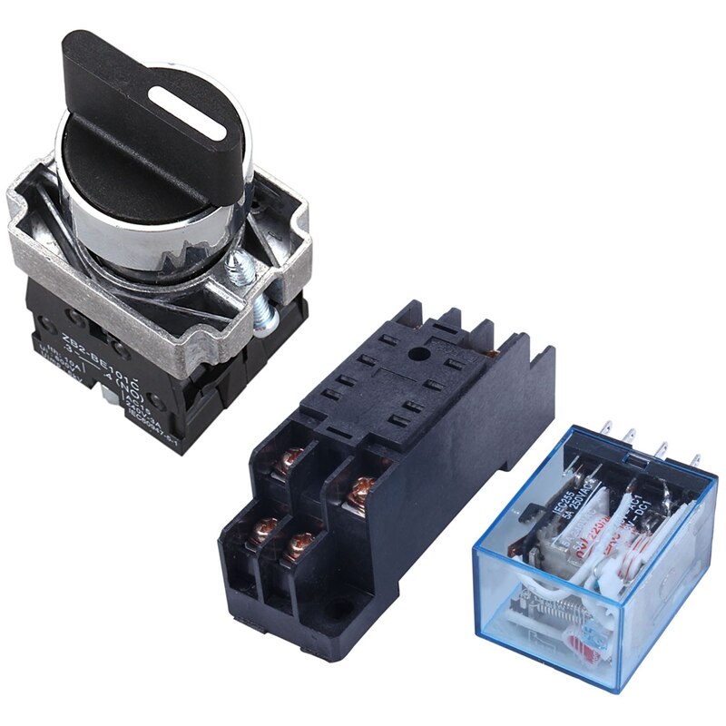 220/240V AC Coil DPDT Power Relay MY2NJ 8 Pin With Socket & 22mm Latching 2 NO 3-Position Rotary Selector Select Switch