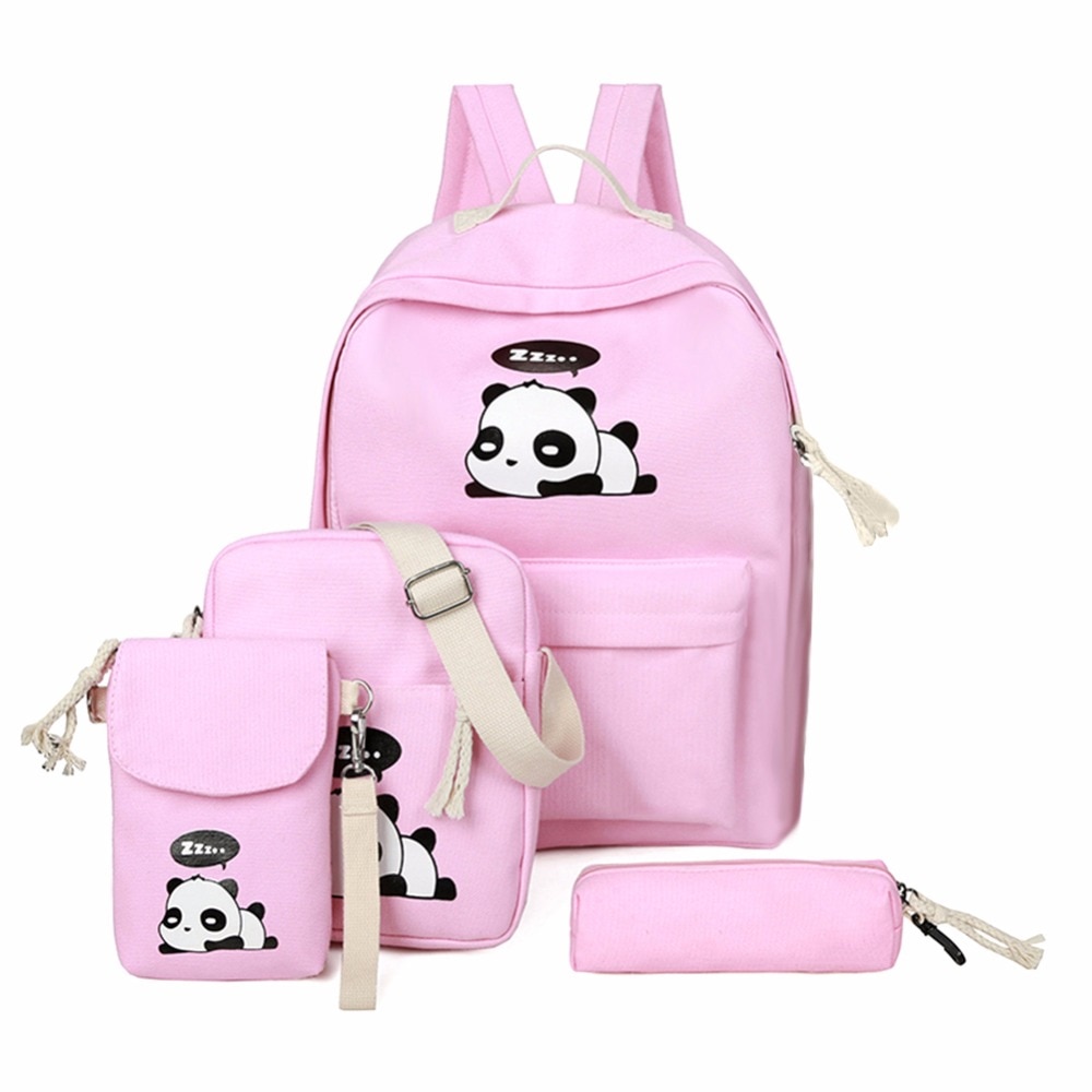 4 pçs/set bonito dos desenhos animados das mulheres panda impresso mochilas lona ombro clutch schoolbags composite sac a dos mochila feminina 2018